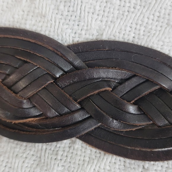 Vintage OLD NAVY Braided Leather Belt Dark Brown Brass Medallion Plate Buckle S - Picture 8 of 13